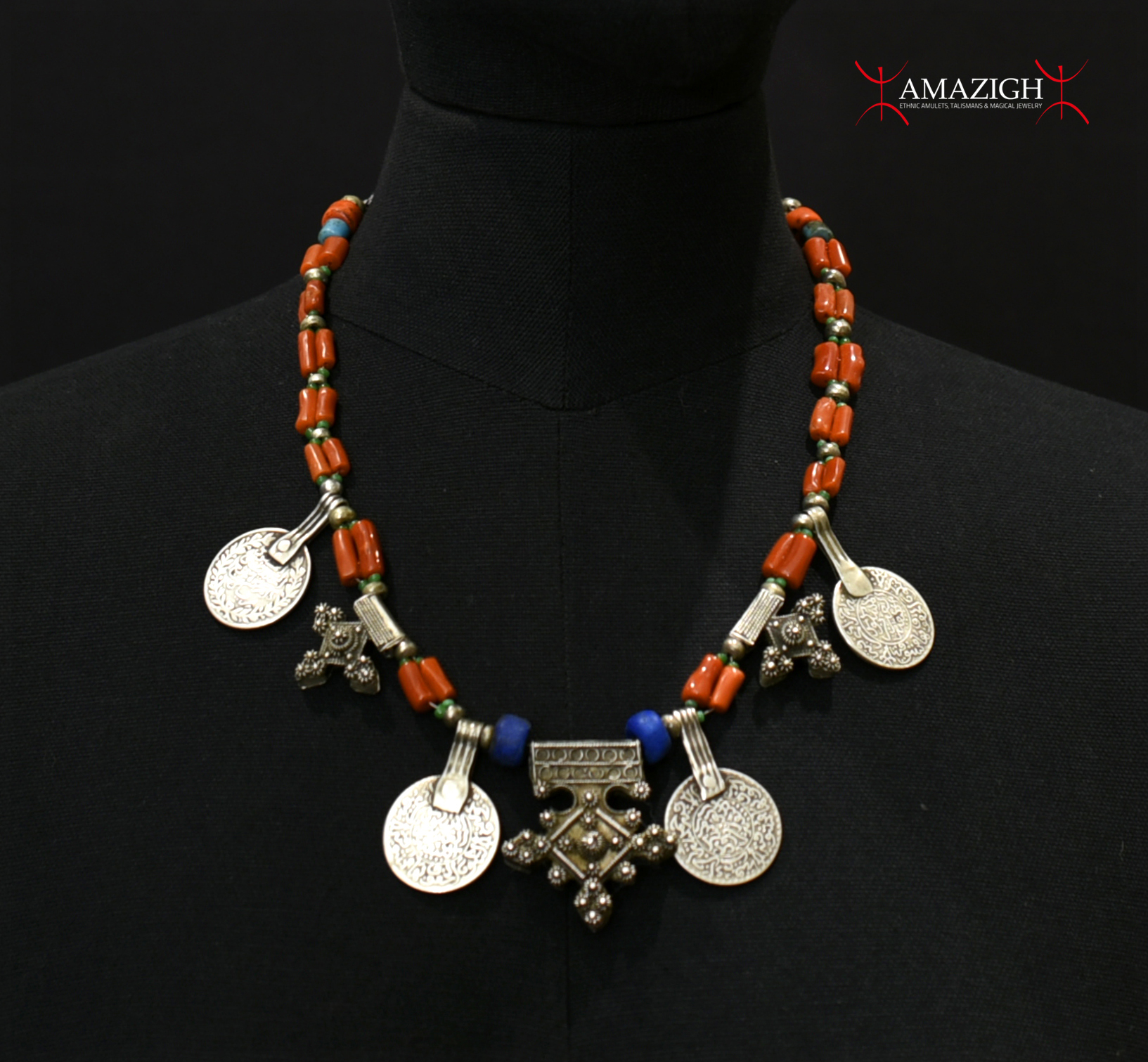 Old Fine Berber Necklace – Boghdad Cross – Silver and Coral – South Morocco