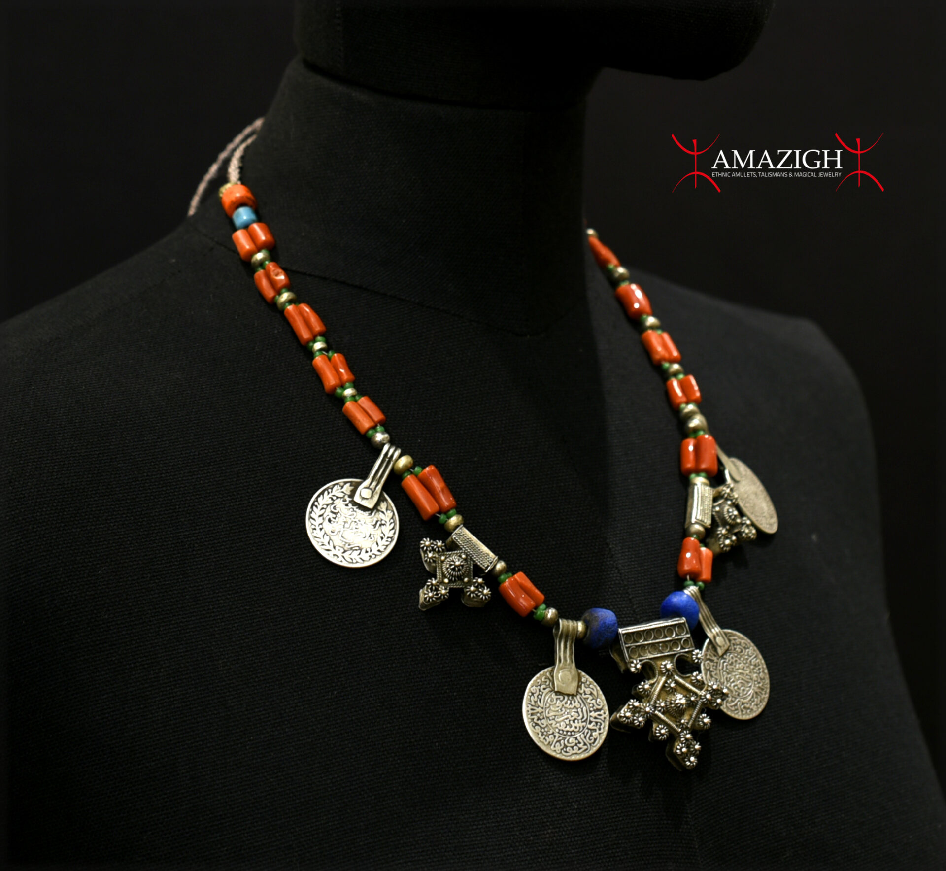 Old Fine Berber Necklace – Boghdad Cross – Silver and Coral – South Morocco