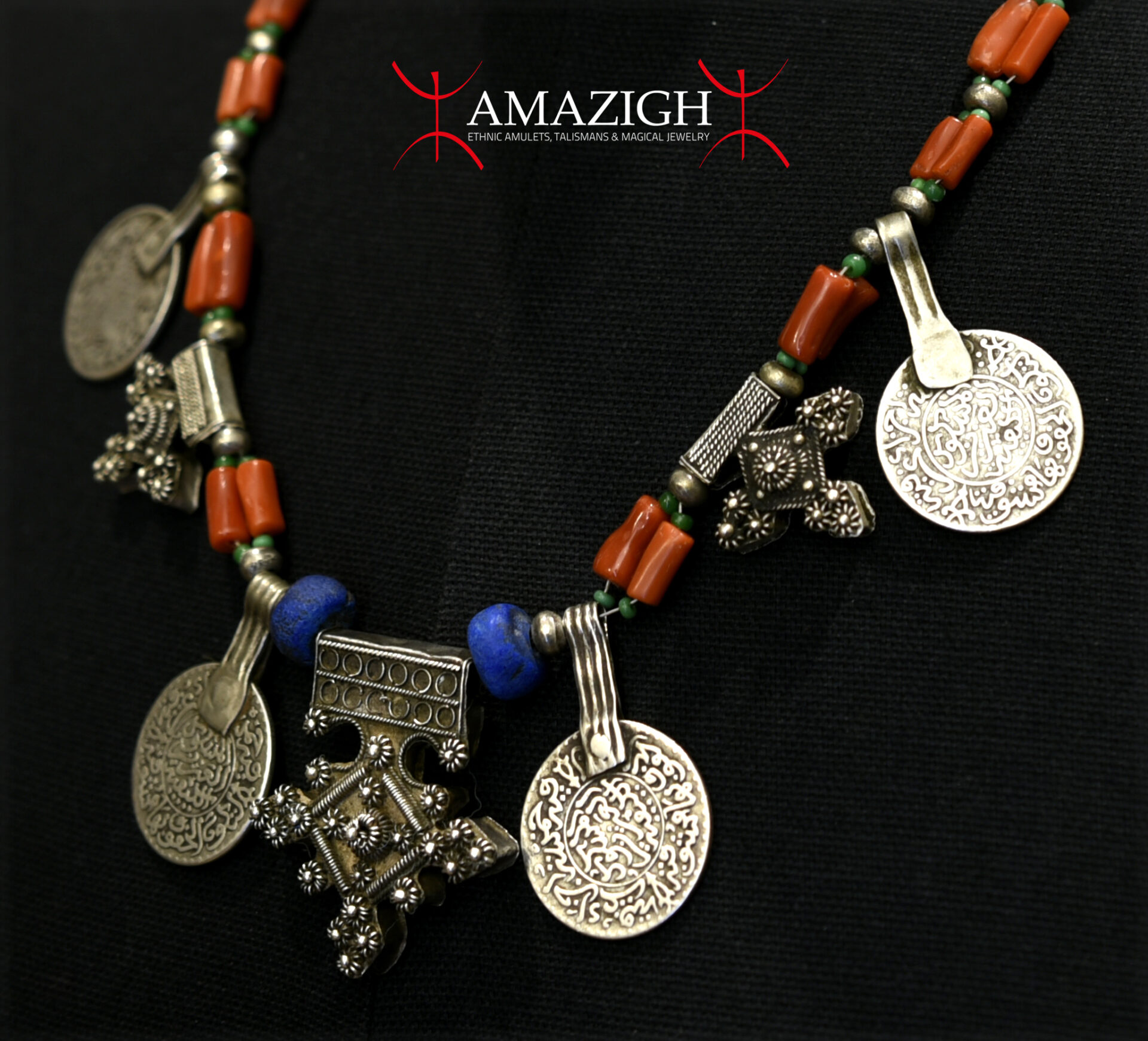 Old Fine Berber Necklace – Boghdad Cross – Silver and Coral – South Morocco