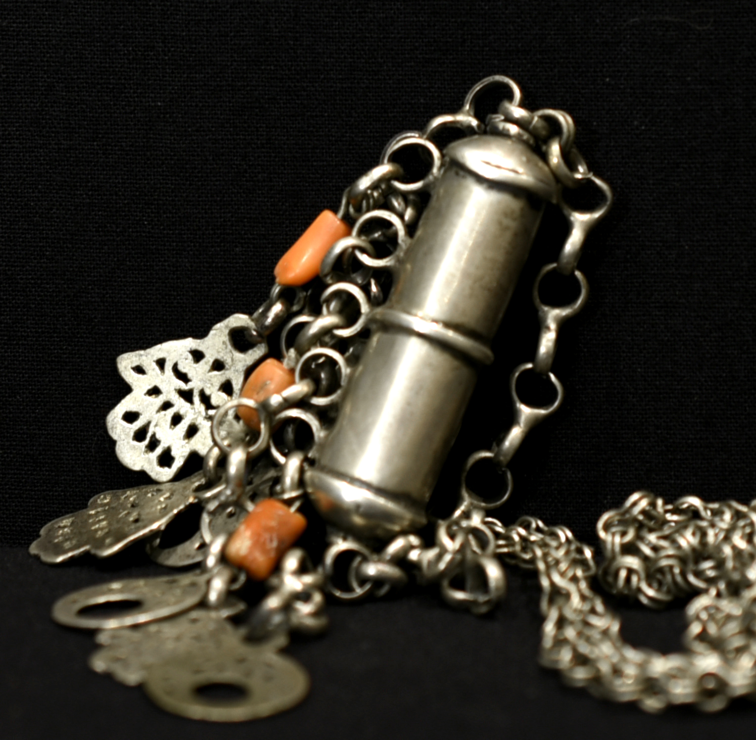 Old Talismanic Necklace – Hand of Fatima / Crescent / Coral – Tunisia