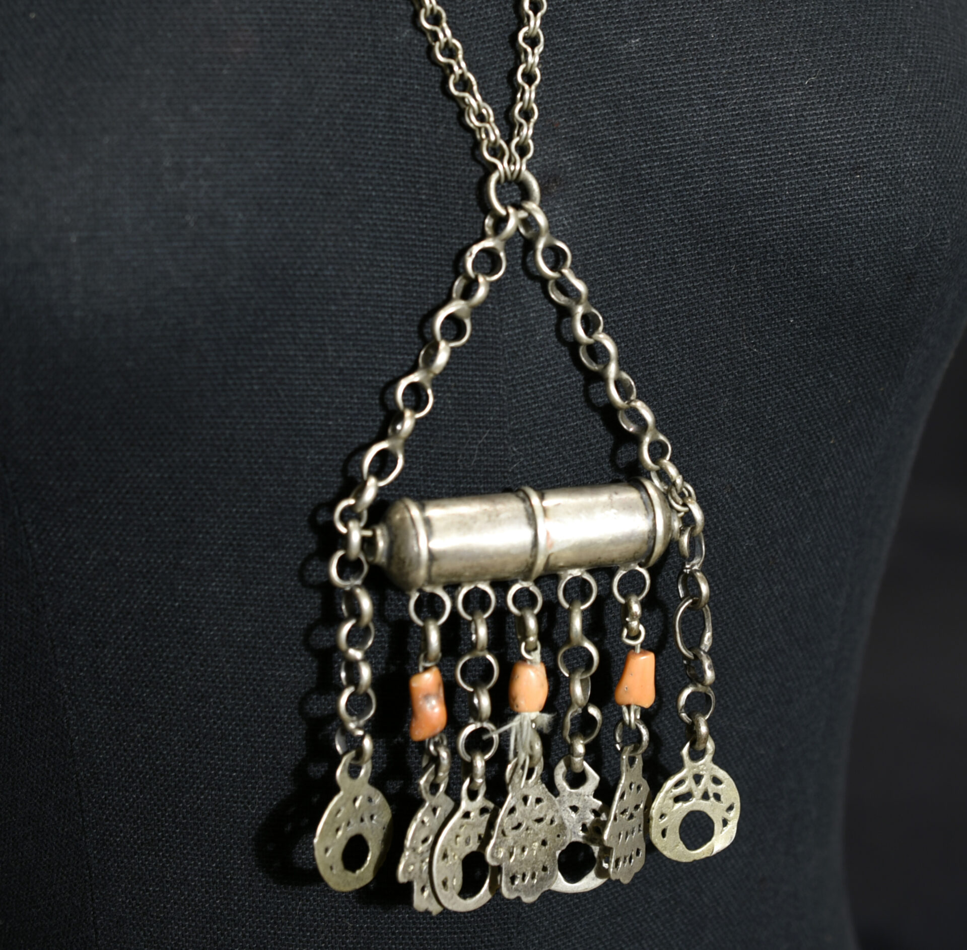 Old Talismanic Necklace – Hand of Fatima / Crescent / Coral – Tunisia