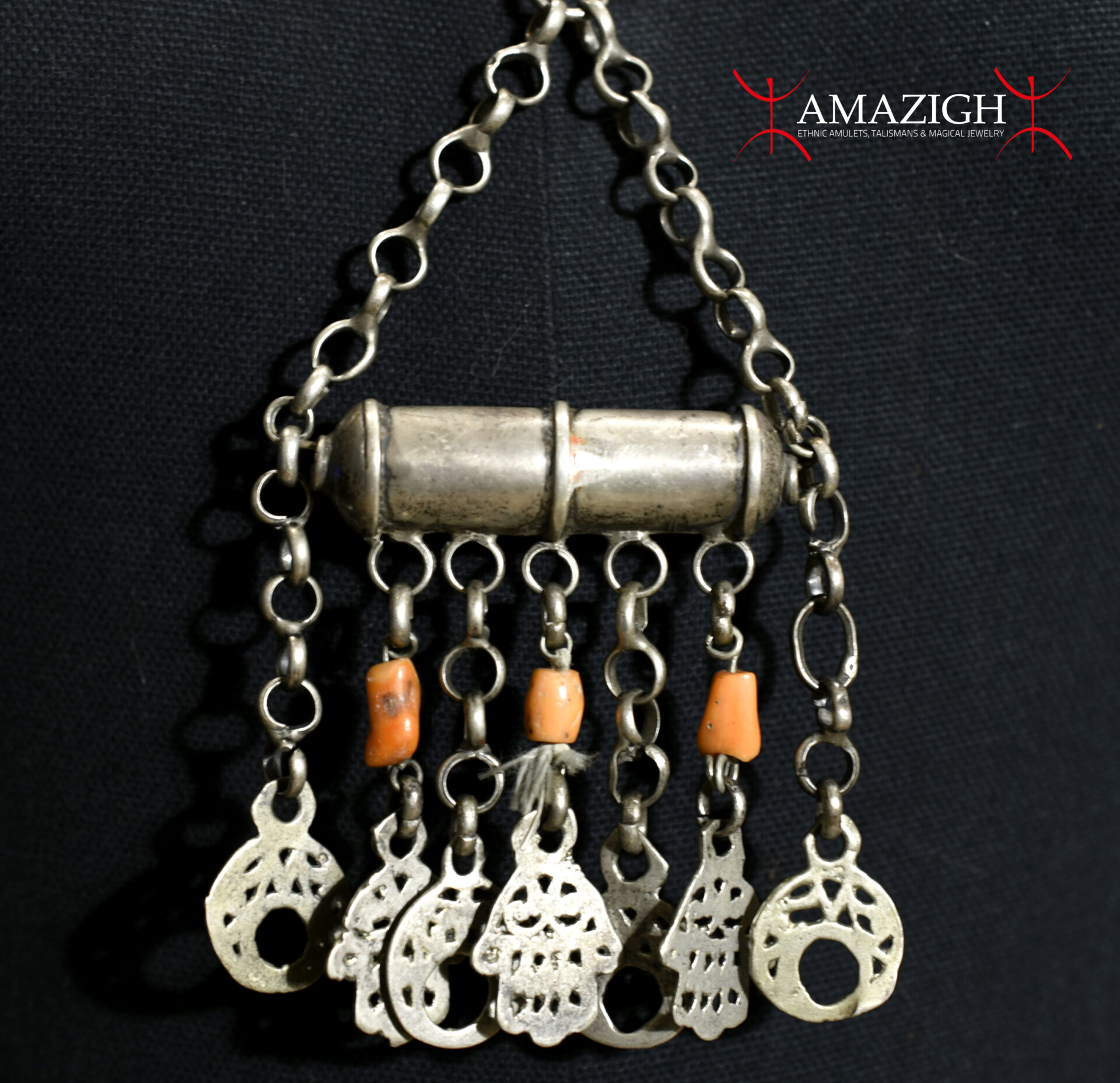 Old Talismanic Necklace – Hand of Fatima / Crescent / Coral – Tunisia