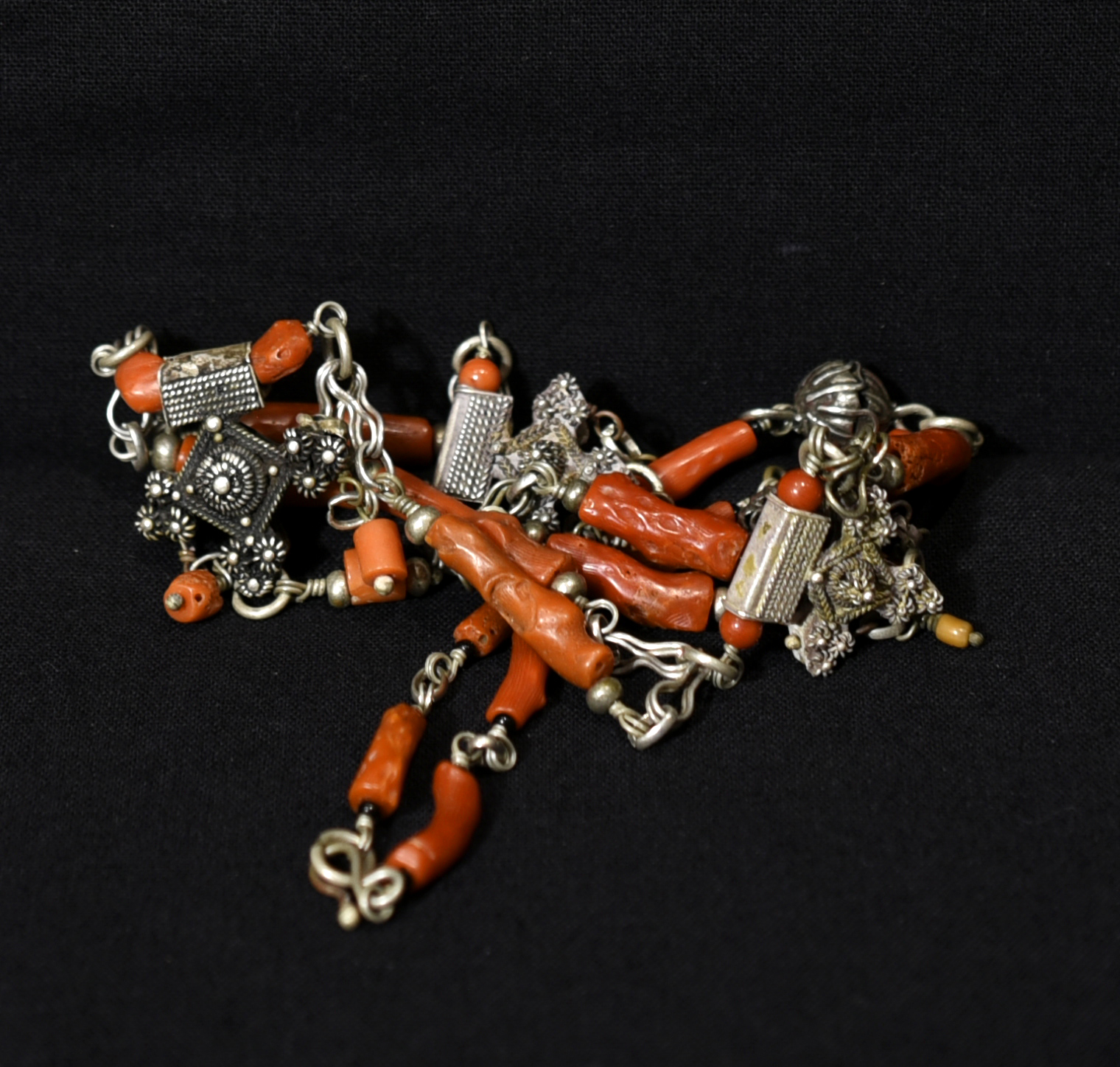 Beautiful Berber Necklace – Boghdad Crosses – Silver and Coral – South Morocco