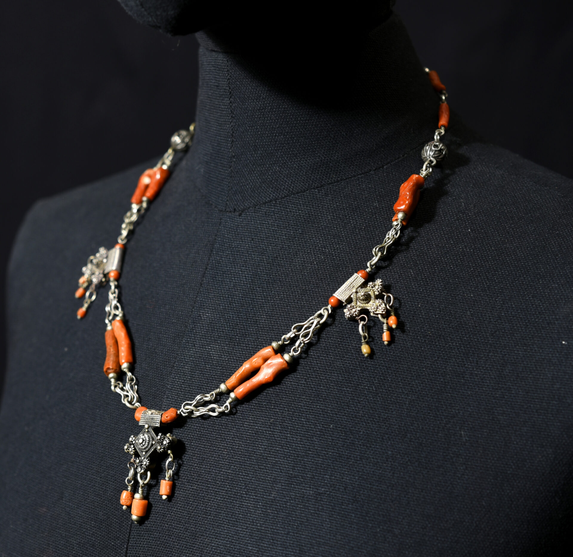 Beautiful Berber Necklace – Boghdad Crosses – Silver and Coral – South Morocco