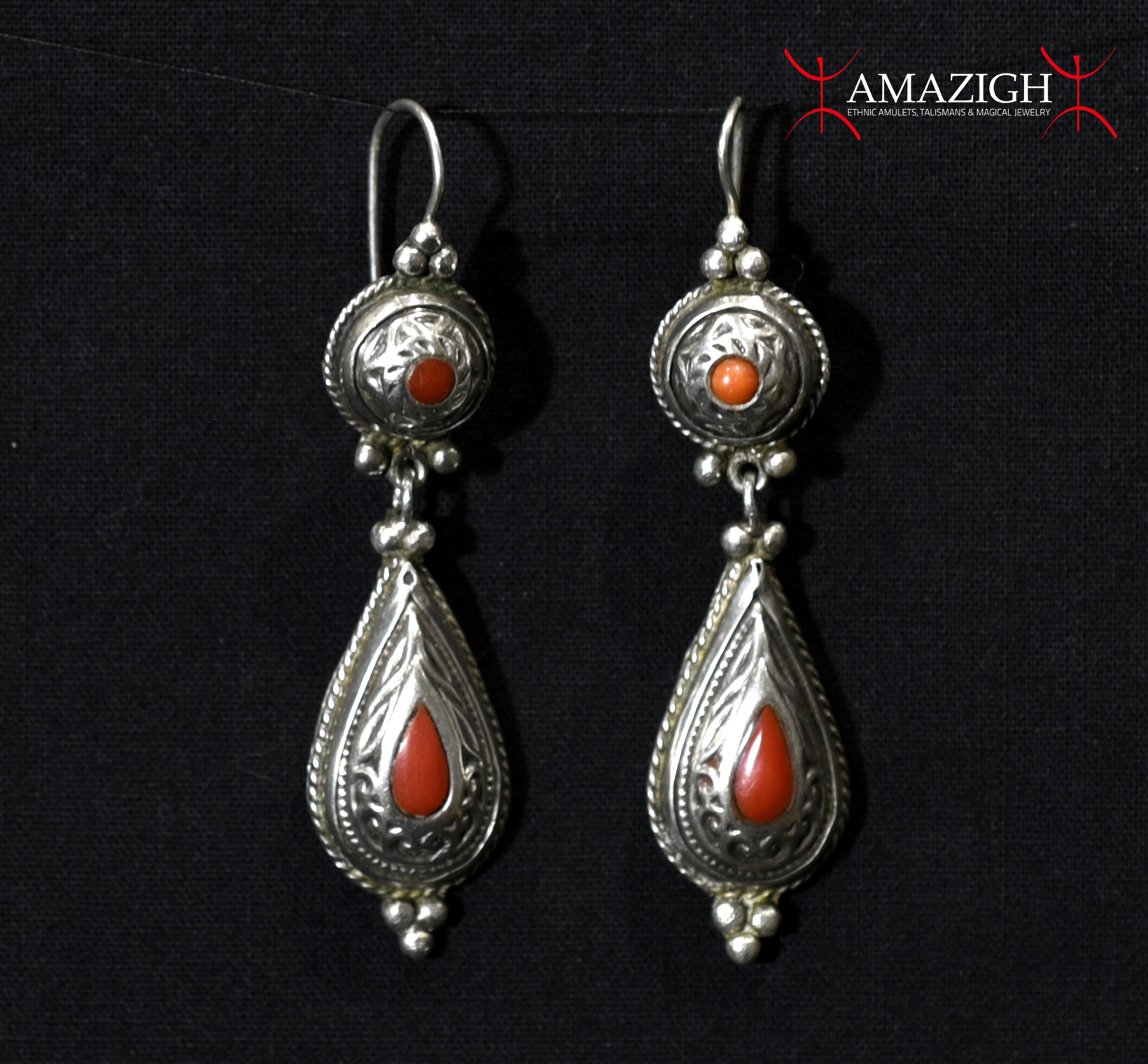 Old Berber Earrings – Silver & Coral – Southern Morocco