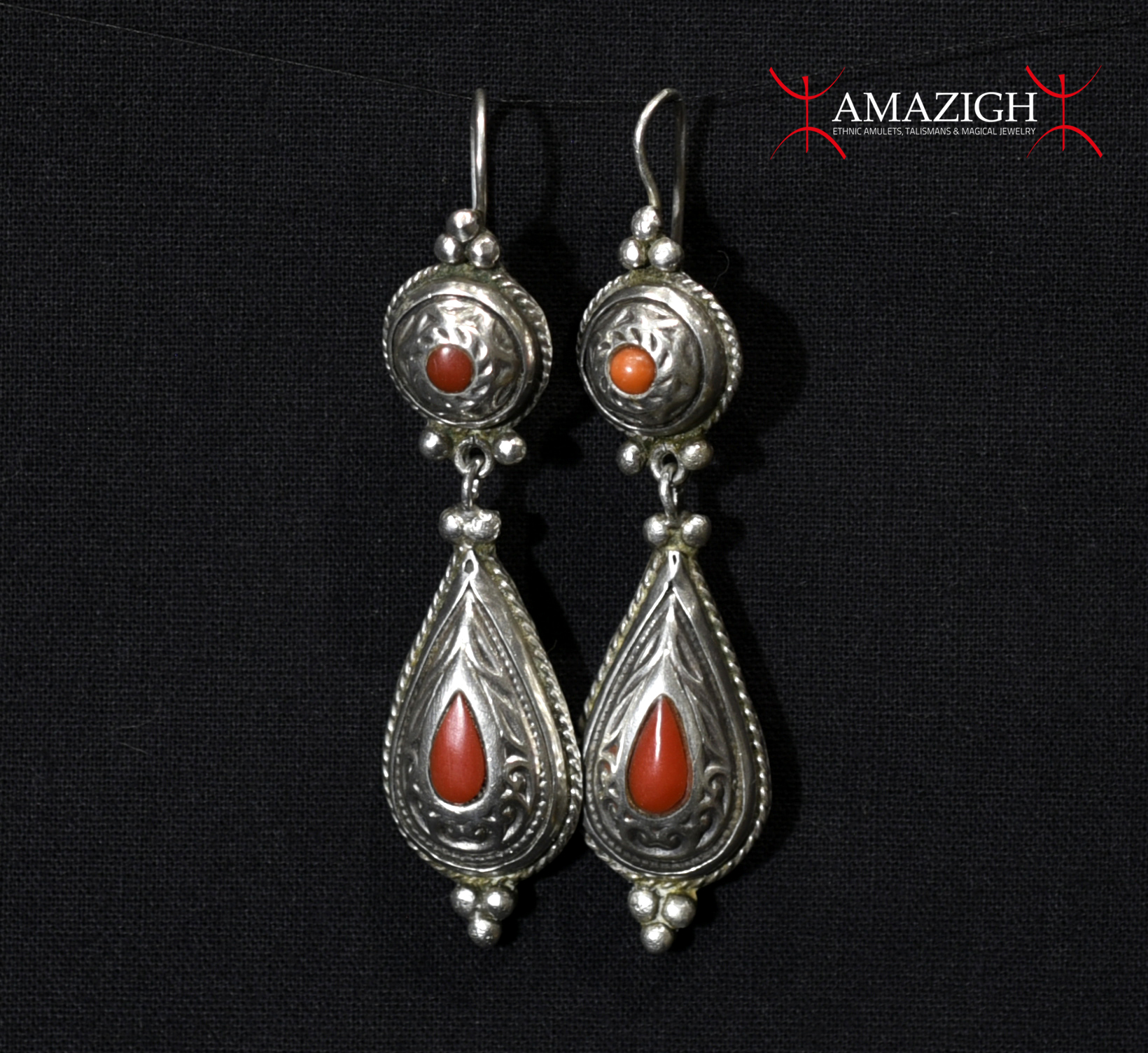 Old Berber Earrings – Silver & Coral – Southern Morocco